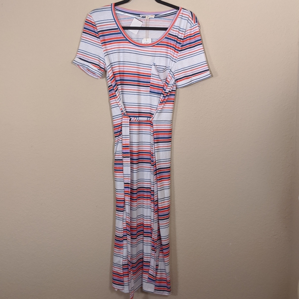 BasicStriped Midi Dress W Waist Tie Crew Neck Midi - Picture 3 of 6